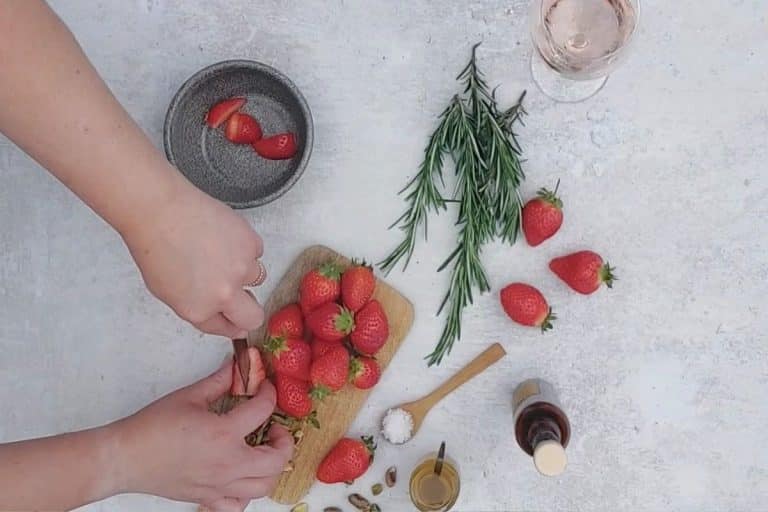 Sharpham Baked Camembert with Strawberry Salsa being made