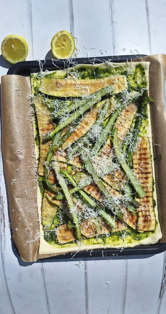 Griddled Courgette & Asparagus Tart with Sharpham Rushmore Pesto
