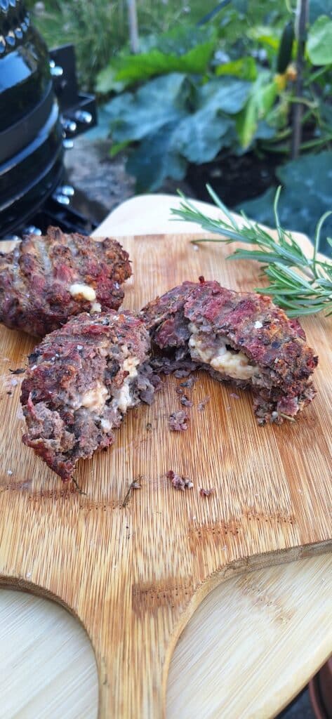 BBQ Beef Burgers Stuffed with Sharpham Rustic